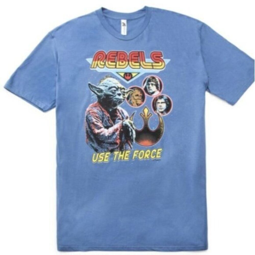 STAR WARS‎ Shirt Mens SZ L Rebels Retro Yoda Skywalker Chewy Han Solo Denim Blue